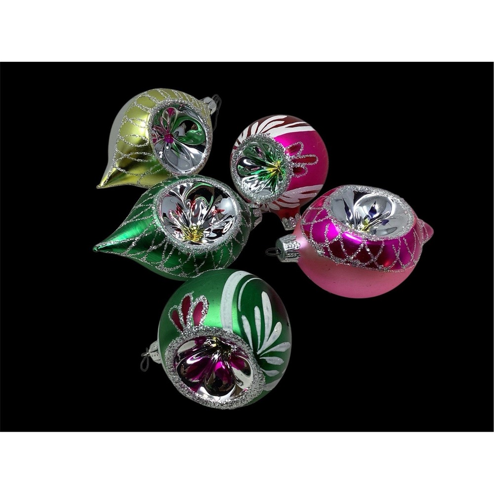 Vtg (5) Colorful Indent Ornaments (3) Teardrop Glitter Pink Green 2"-3"